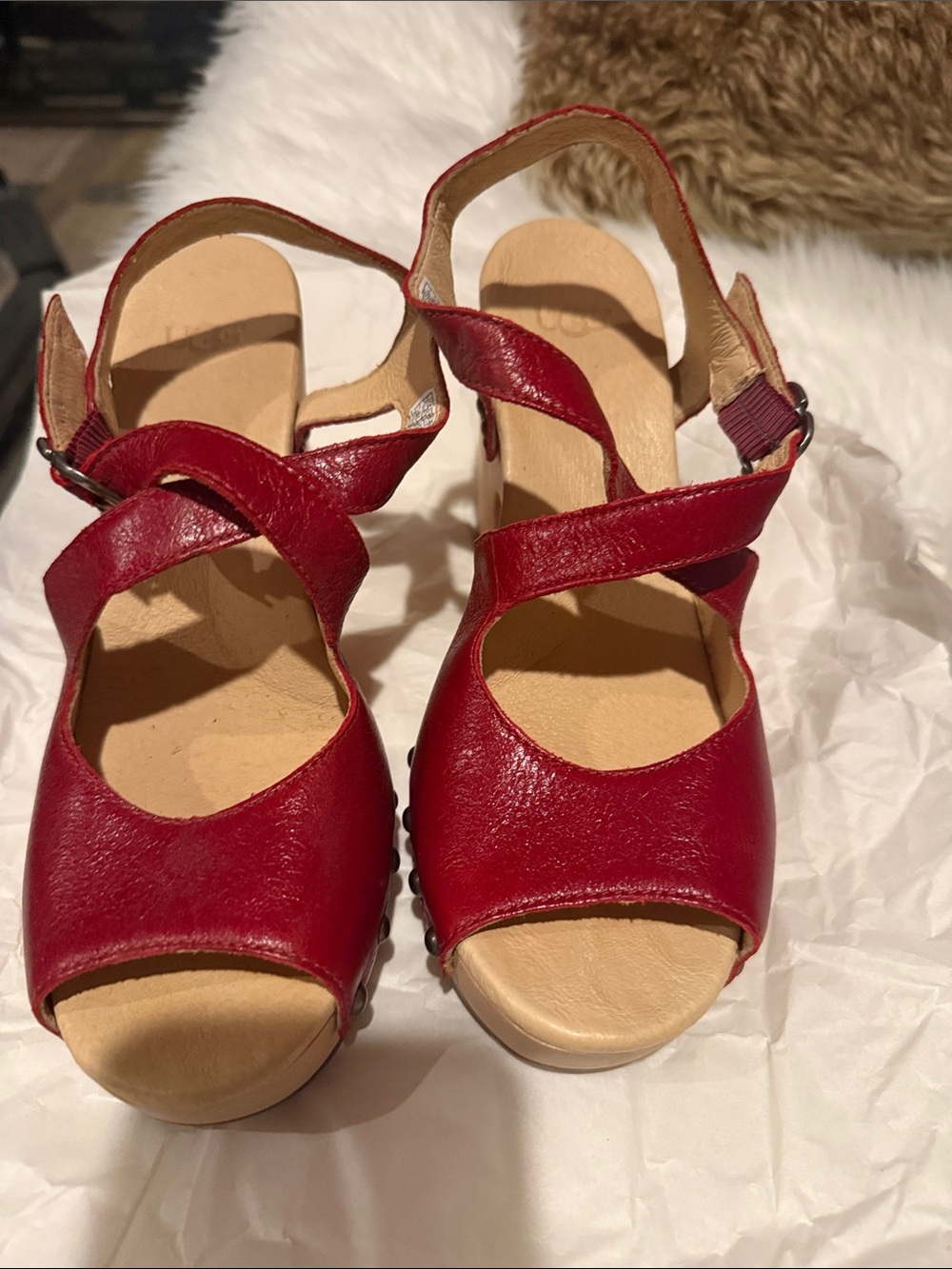 UGG Red Leather Crisscross Peep-Toe Slingback Sandals
